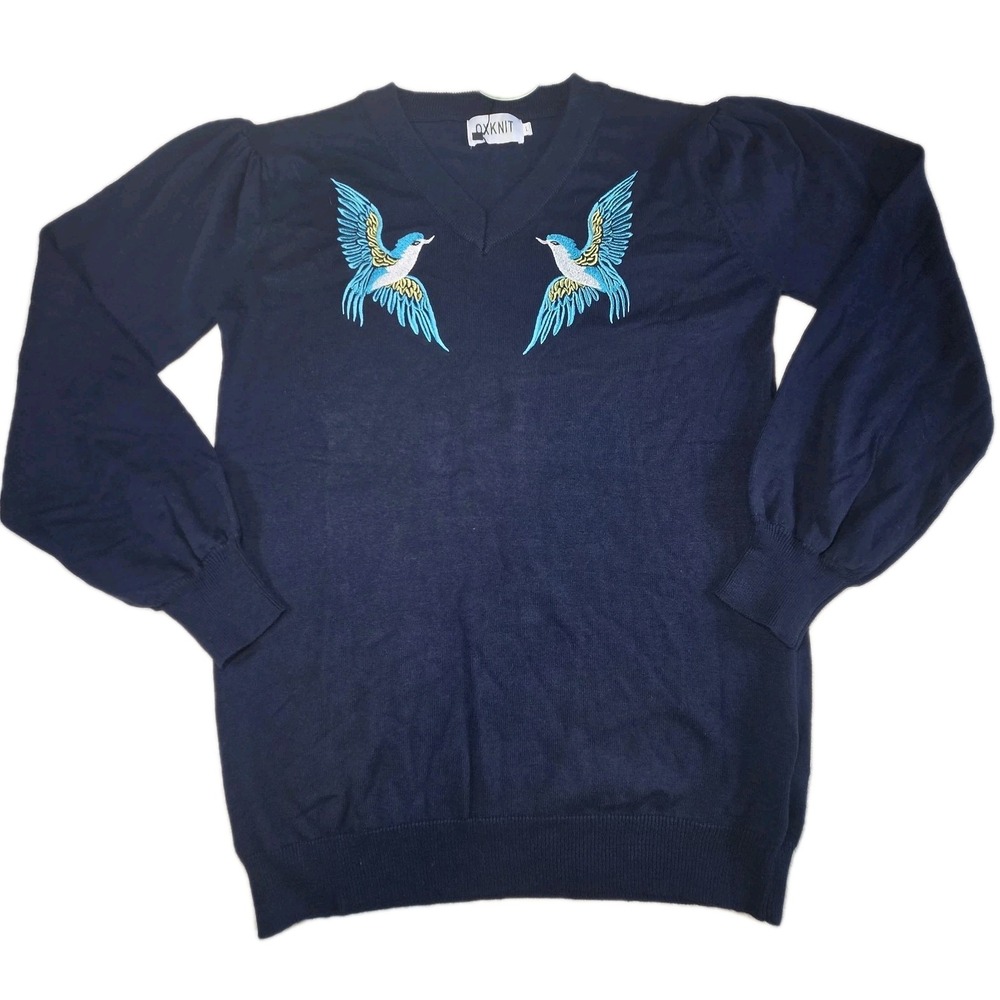 OXKNIT Bluebird Sweater Womens Large Blue Cotton Embroidered Grandma Core Whimsy